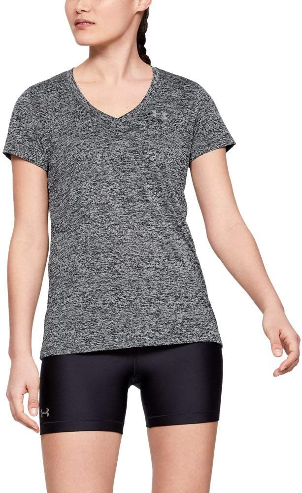 Under Armour Tech - Camiseta de manga corta con cuello en V para mujer., Negro, S