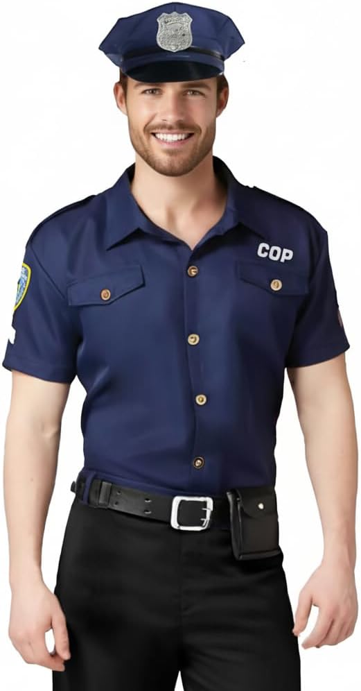 Disfraz de policía para adultos, camisa de manga corta, azul oscura y con la gorra.