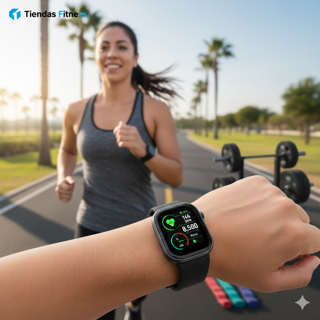 Mujer activa, en un entorno saludable y con el reloj en primer plano mostrando métricas (ritmo cardíaco y pasos)