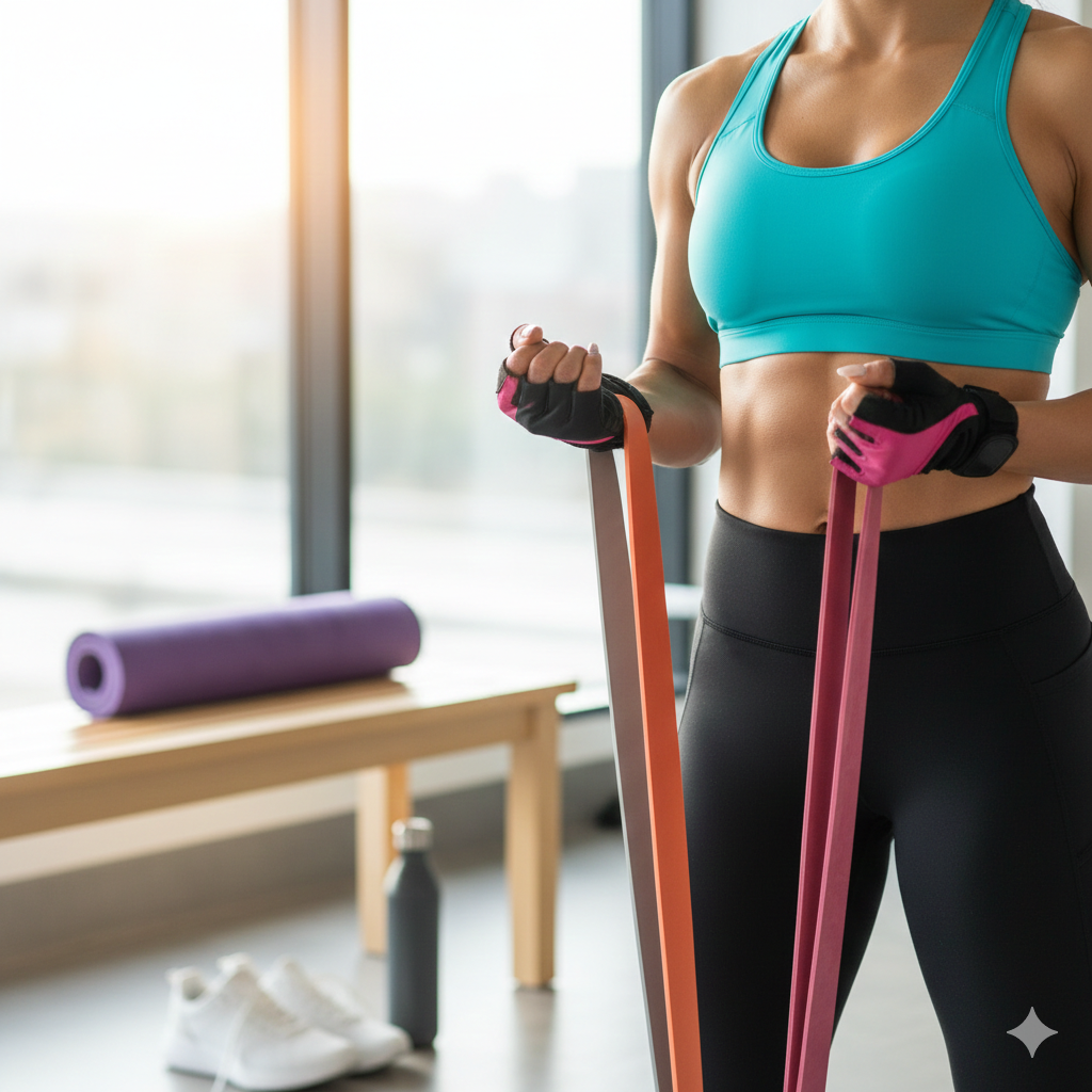 Mujer en top deportivo y guantes de fitness, usando bandas de resistencia de tela, con un mat de yoga y zapatillas de deporte en el fondo de un gimnasio iluminado.