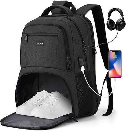 YAMTION Mochila de gimnasio para hombres y mujeres con compartimento para zapatos, bolsa de libros de 17,3 pulgadas para niños con puerto USB para entrenamiento, universidad y deporte